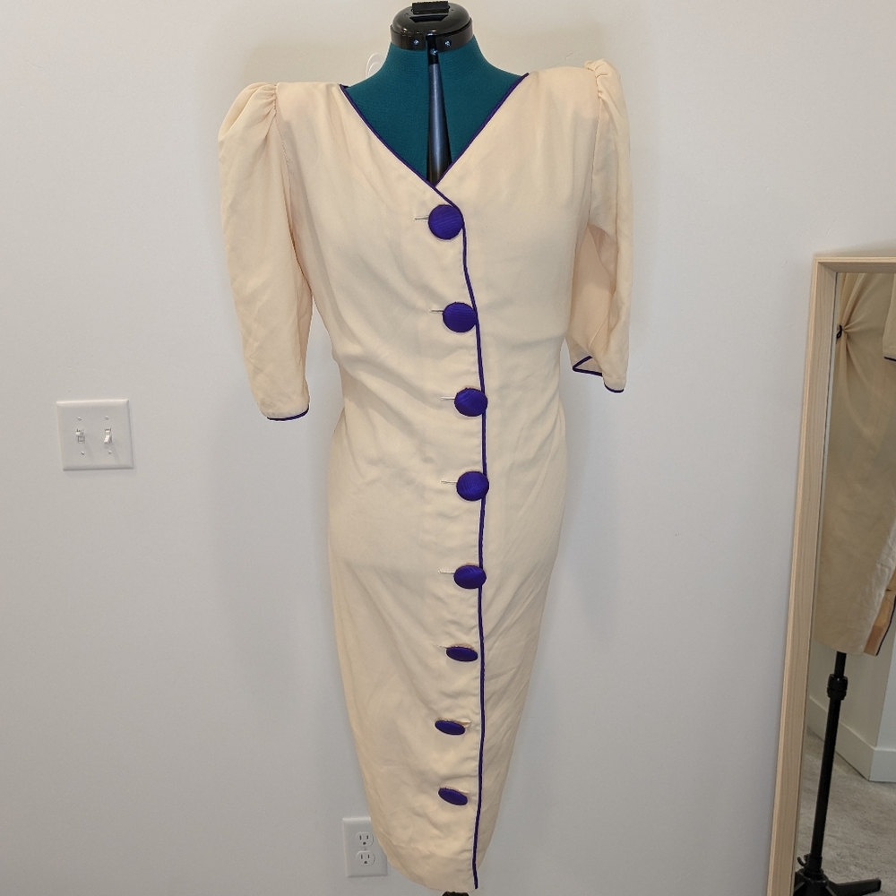 Handmade Statement 80s cream and purple statement dress with Poof Shoulders